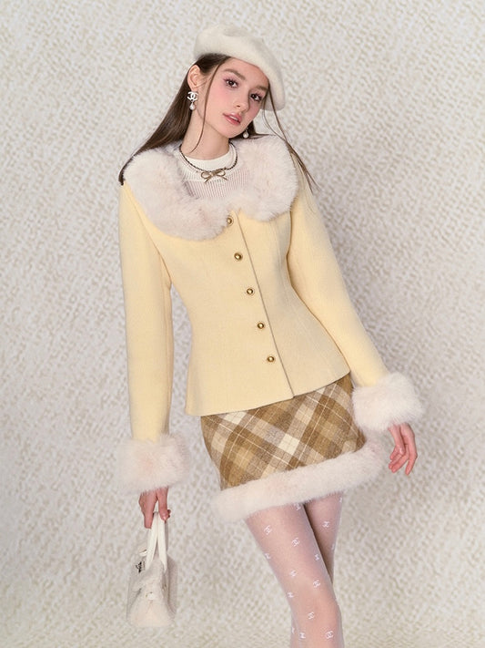 Underpass. Original Design Sweet Cream Yellow Fur collar Coat & Plaid Skirt Suit