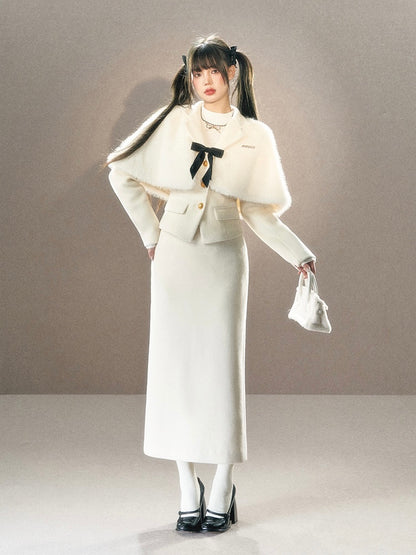 Underpass. Original Design White Bow  Fur Cape Tie Waist Long Skirt Suit Winter