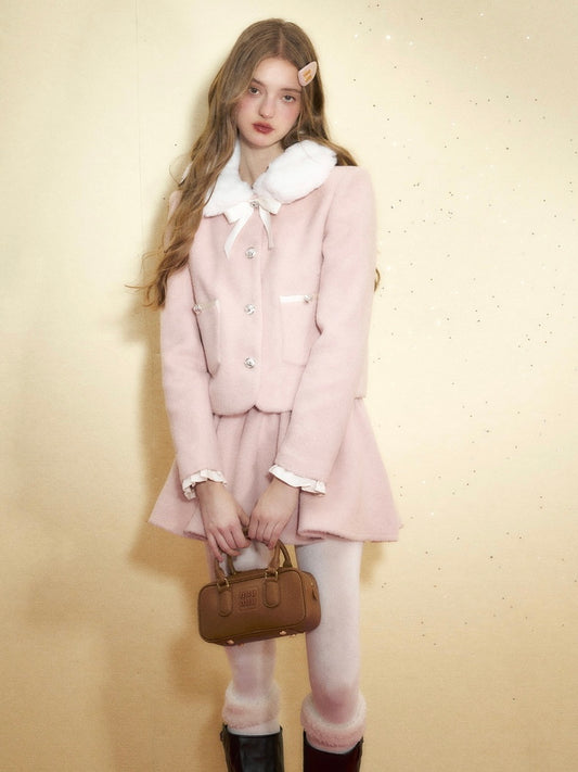 RECIT. Original Design Pink Fur Collar Bow High Waist Skirt Wool Suit Winter