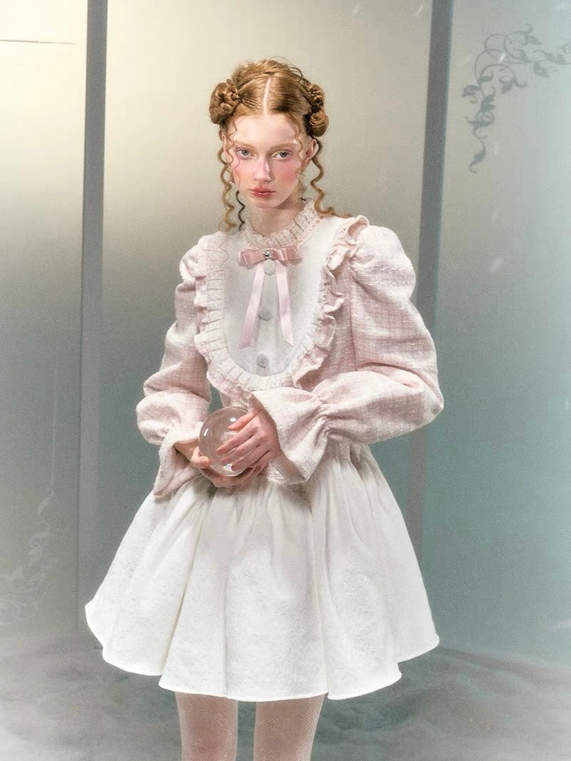 Narrator. Original Design Pink Plaid Lace Diamond Bow Long Sleeve Dress