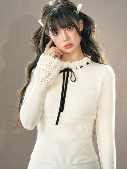 Underpass. Original Design Off-white Bow Chic Bell Sleeve  Sweater