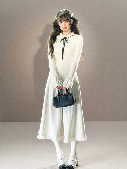 Underpass. Original Design Off-white Bow Chic Bell Sleeve  Sweater