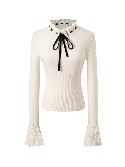 Underpass. Original Design Off-white Bow Chic Bell Sleeve  Sweater