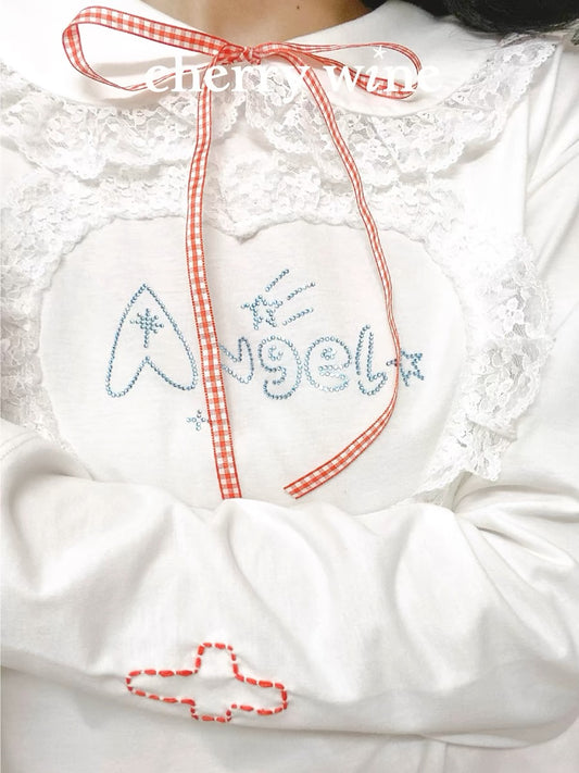 CherryWine. Original Design Angel White Doll Collar Lace Long Sleeve T-shirt