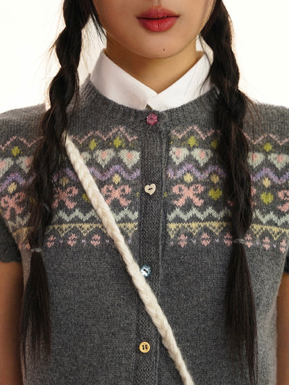 Moromoro. Original Design Fair Isle Colorful Button Short Sleeve Cardigan