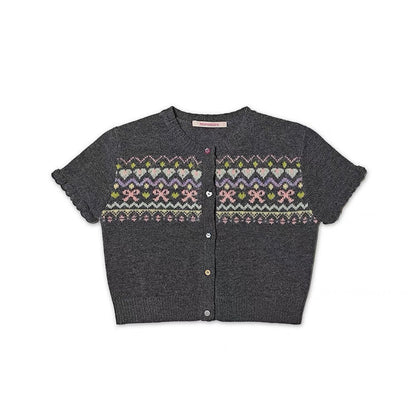 Moromoro. Original Design Fair Isle Colorful Button Short Sleeve Cardigan