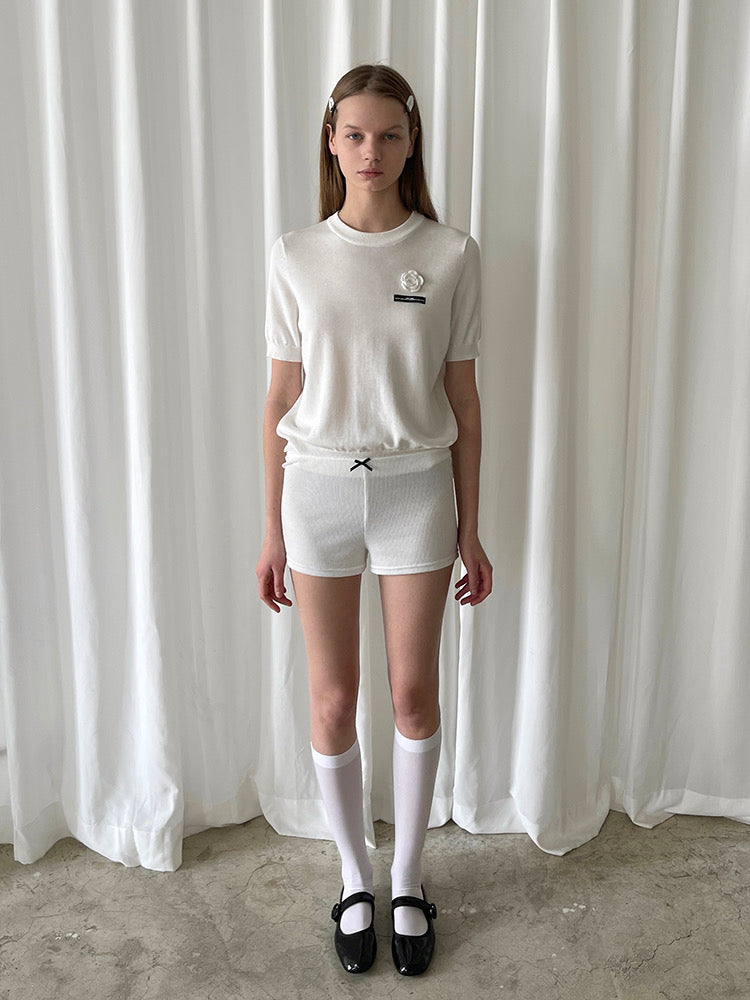 PFF GIRL. Original Design White Flower Tencel Knit T-Shirt