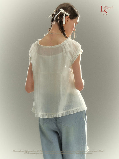 LOLOL.Original Design French Girly Frill Lace Up Shirt
