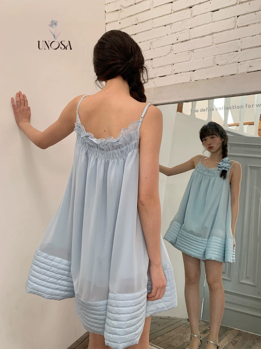 UNOSA.Original Design Blue Suspender Hem Cotton Dress