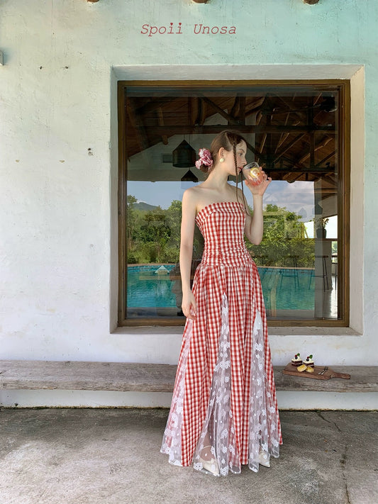 Spoii Unosa.Original Design French Check Lace Vacation Dress