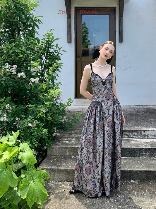 Spoii Unosa.Original Design.Baroque Lace Polka Dot Mesh Long Dress