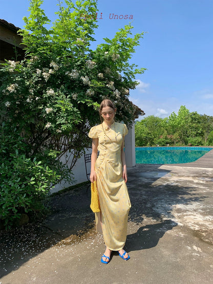 Spoii Unosa.Original Design Yellow Bunny Print Satin Cheongsam Dress