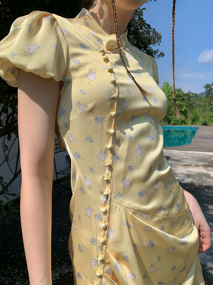 Spoii Unosa.Original Design Yellow Bunny Print Satin Cheongsam Dress