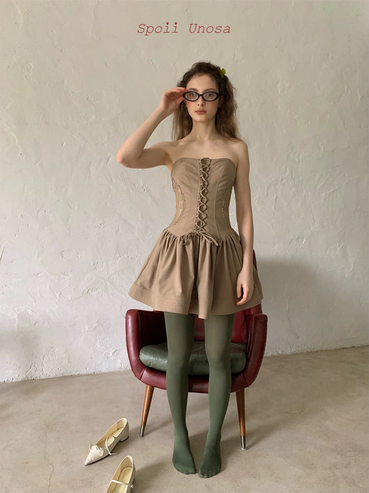 Spoii Unosa.Original Design Brown Lace Straps Tube Top Dress