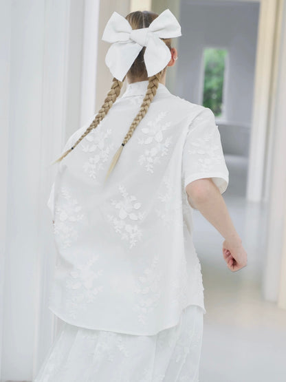PER PEARL. Original Design Oversize Embroider Flower Short Sleeve Shirt