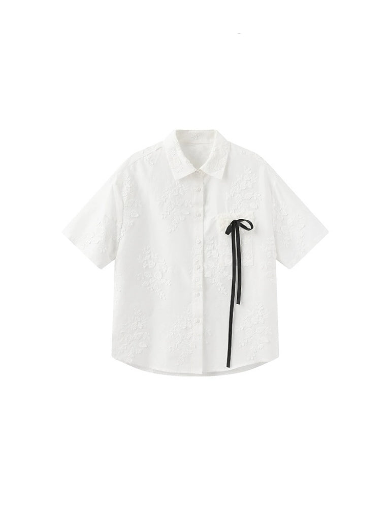PER PEARL. Original Design Oversize Embroider Flower Short Sleeve Shirt