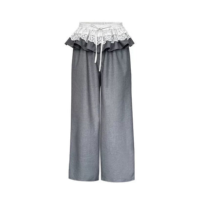 Narrator. Original Design Lace Trim Elastic Waist Wide Pants
