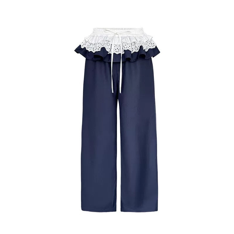 Narrator. Original Design Lace Trim Elastic Waist Wide Pants