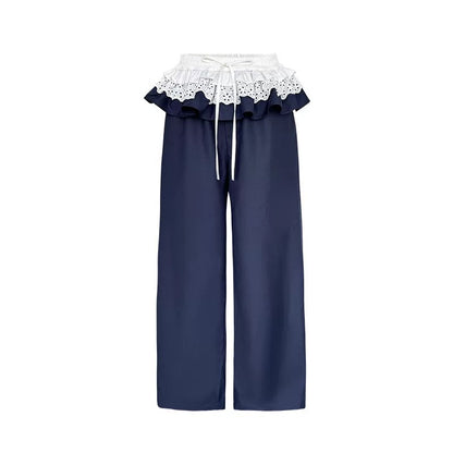 Narrator. Original Design Lace Trim Elastic Waist Wide Pants