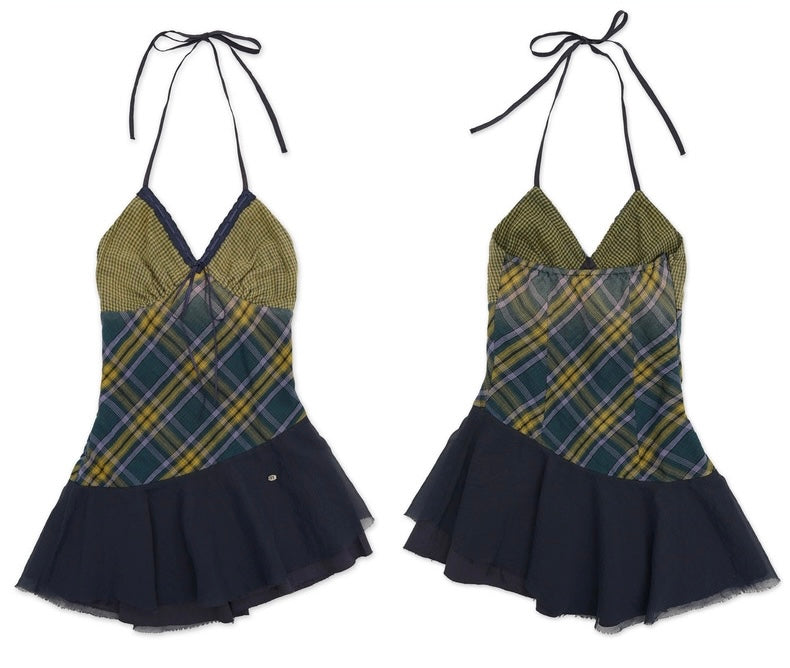 Moromoro. Original Design Vintage Plaid Patchwork Cami Dress