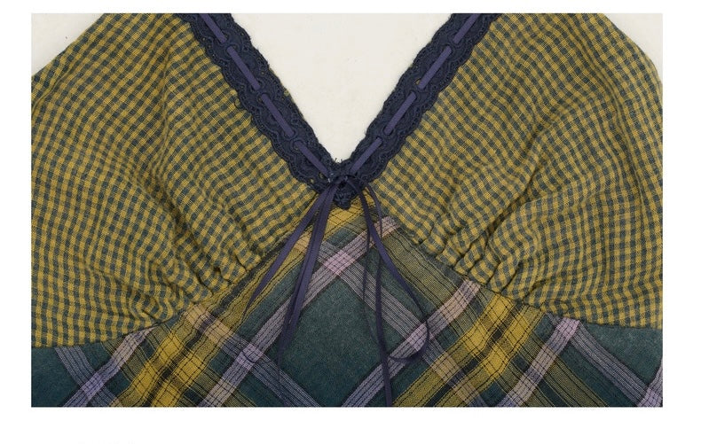 Moromoro. Original Design Vintage Plaid Patchwork Cami Dress