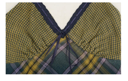Moromoro. Original Design Vintage Plaid Patchwork Cami Dress