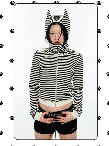 1JINN STUDIO. Original Design Striped Devil Horn Crop Zip-Up Hoodie