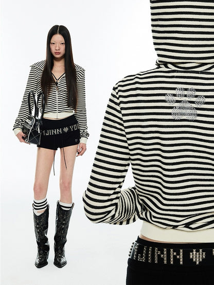 1JINN STUDIO. Original Design Striped Devil Horn Crop Zip-Up Hoodie