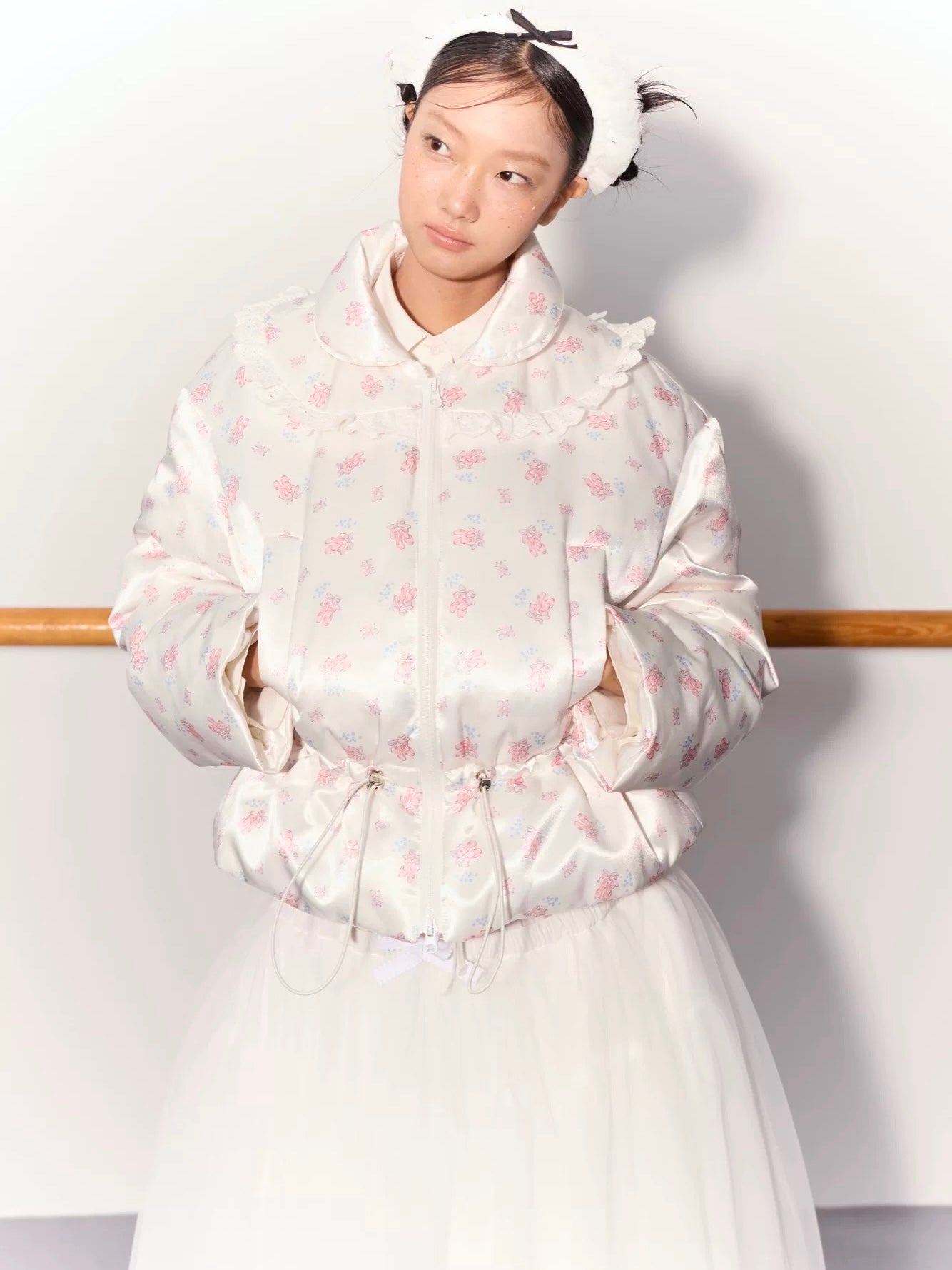 PER PEARL. Original Design Ruched Cropped Goose Down Jacket