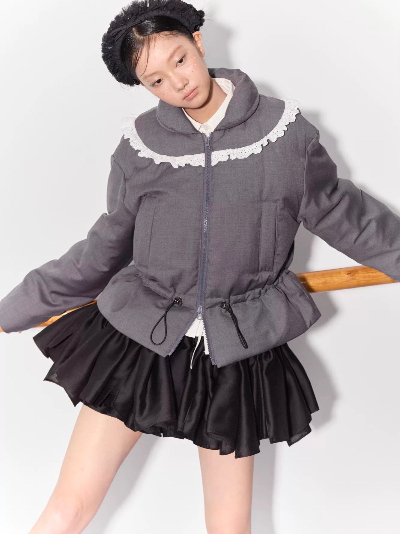 PER PEARL. Original Design Ruched Cropped Goose Down Jacket