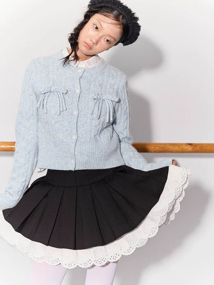 PER PEARL. Original Design Cable Knit Bow Tie Cardigan