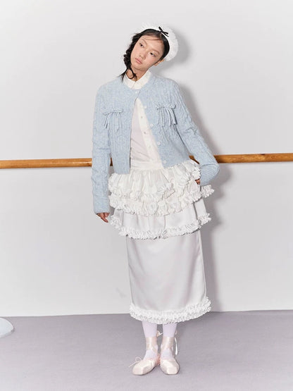 PER PEARL. Original Design Cable Knit Bow Tie Cardigan