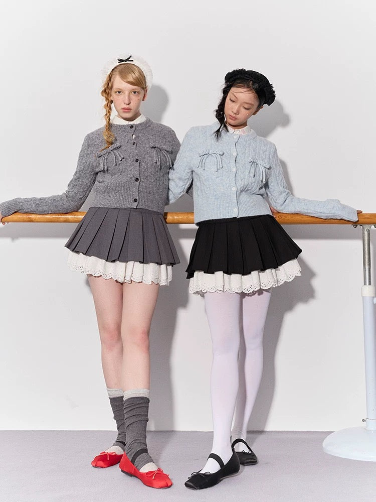 PER PEARL. Original Design Cable Knit Bow Tie Cardigan