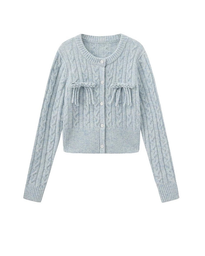 PER PEARL. Original Design Cable Knit Bow Tie Cardigan