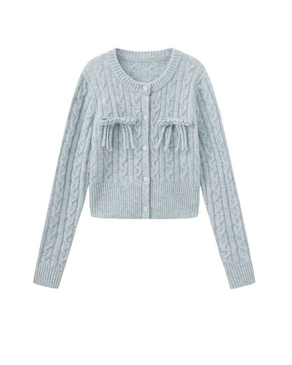 PER PEARL. Original Design Cable Knit Bow Tie Cardigan