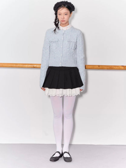 PER PEARL. Original Design Cable Knit Bow Tie Cardigan