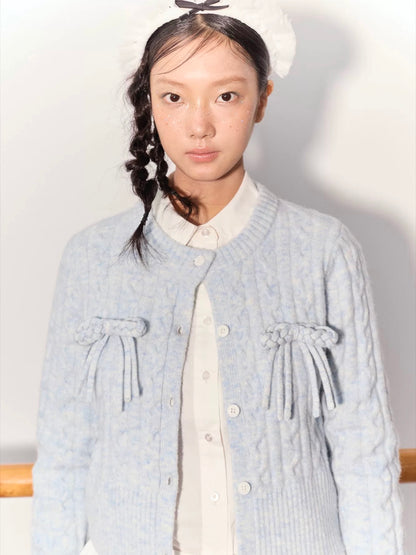 PER PEARL. Original Design Cable Knit Bow Tie Cardigan