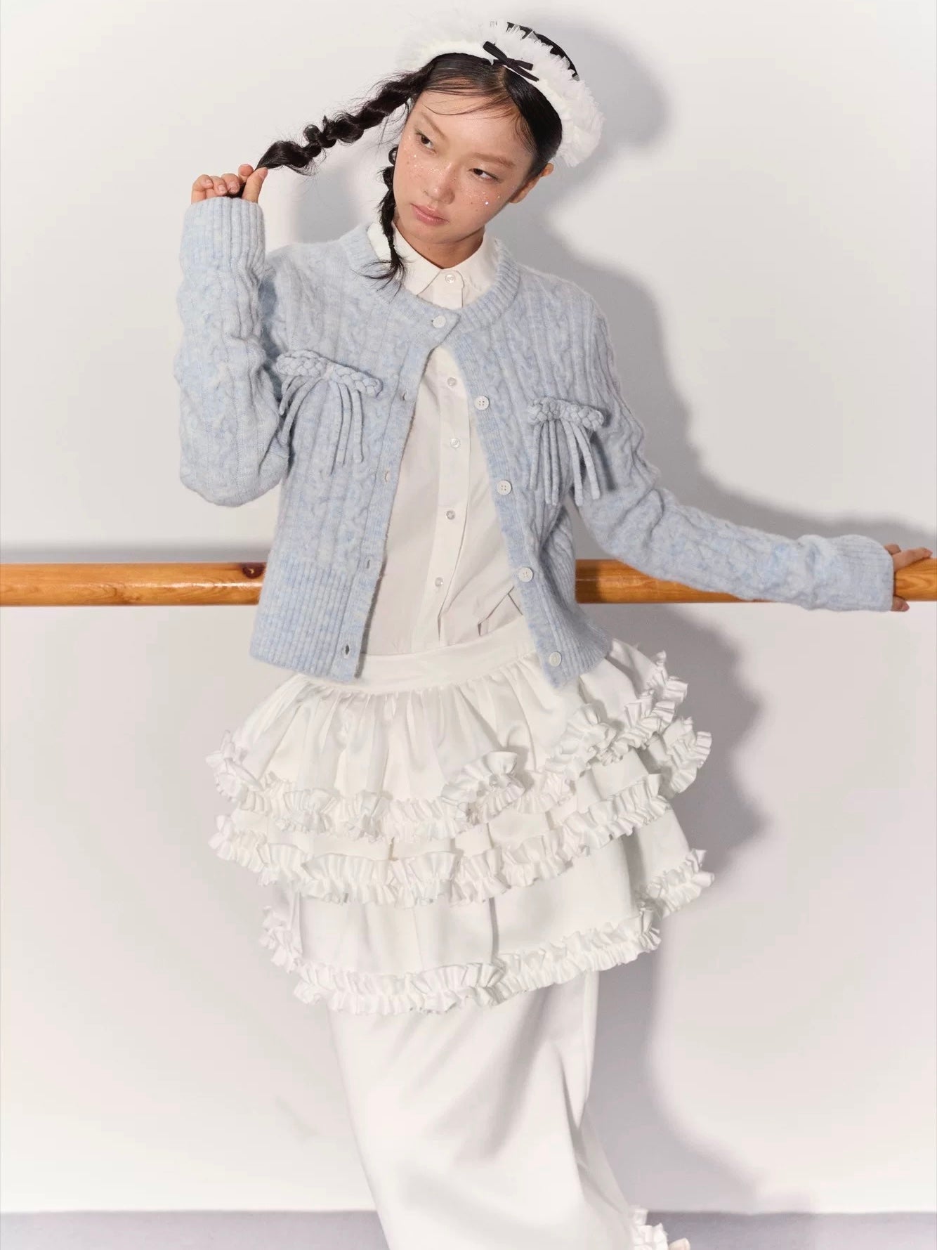 PER PEARL. Original Design Cable Knit Bow Tie Cardigan