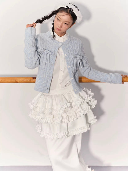 PER PEARL. Original Design Cable Knit Bow Tie Cardigan