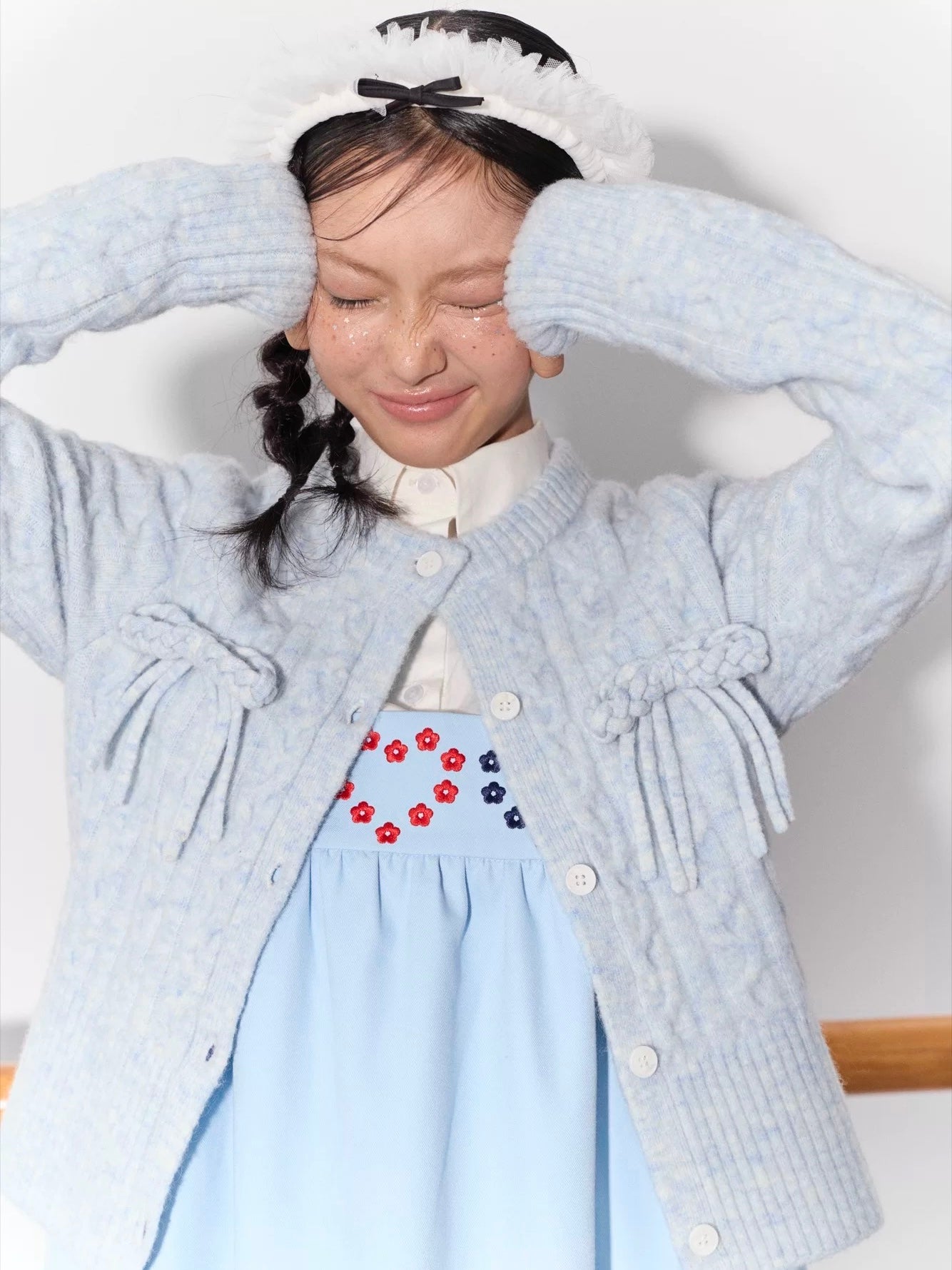 PER PEARL. Original Design Cable Knit Bow Tie Cardigan