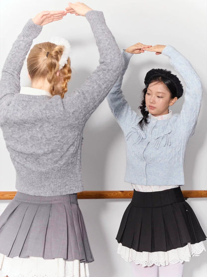 PER PEARL. Original Design Cable Knit Bow Tie Cardigan