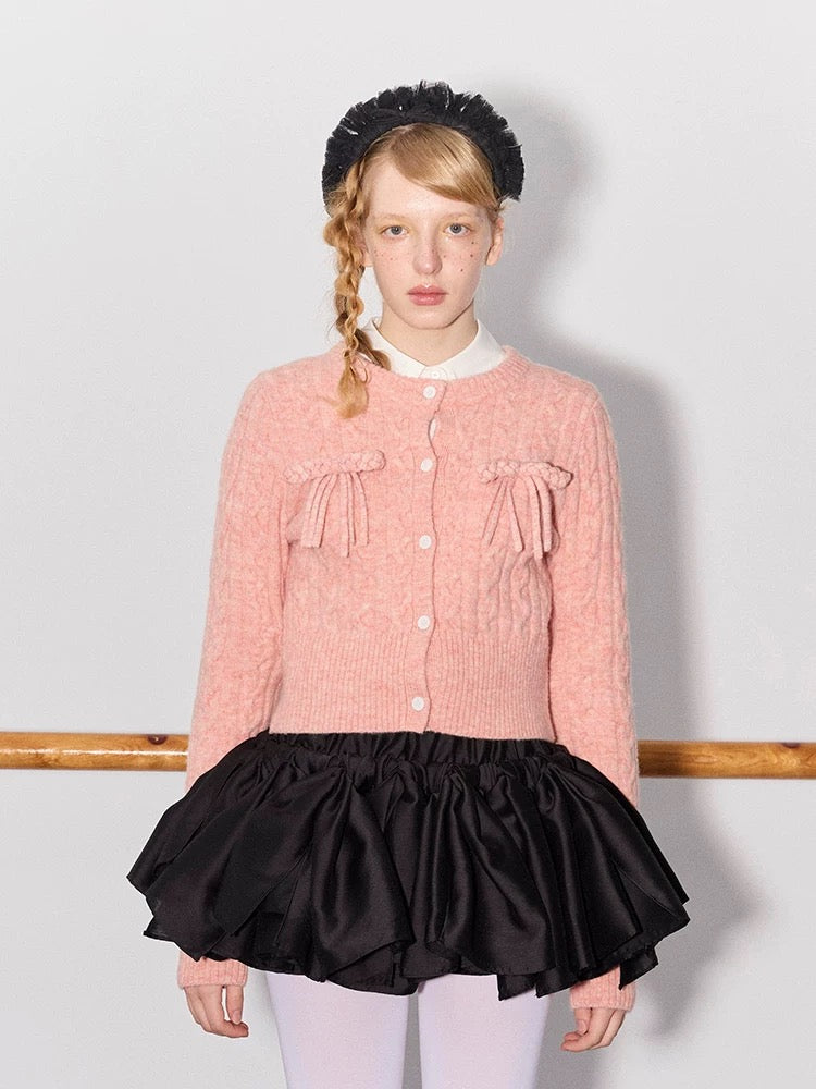 PER PEARL. Original Design Cable Knit Bow Tie Cardigan