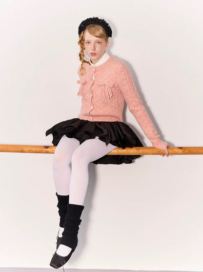 PER PEARL. Original Design Cable Knit Bow Tie Cardigan