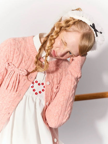 PER PEARL. Original Design Cable Knit Bow Tie Cardigan