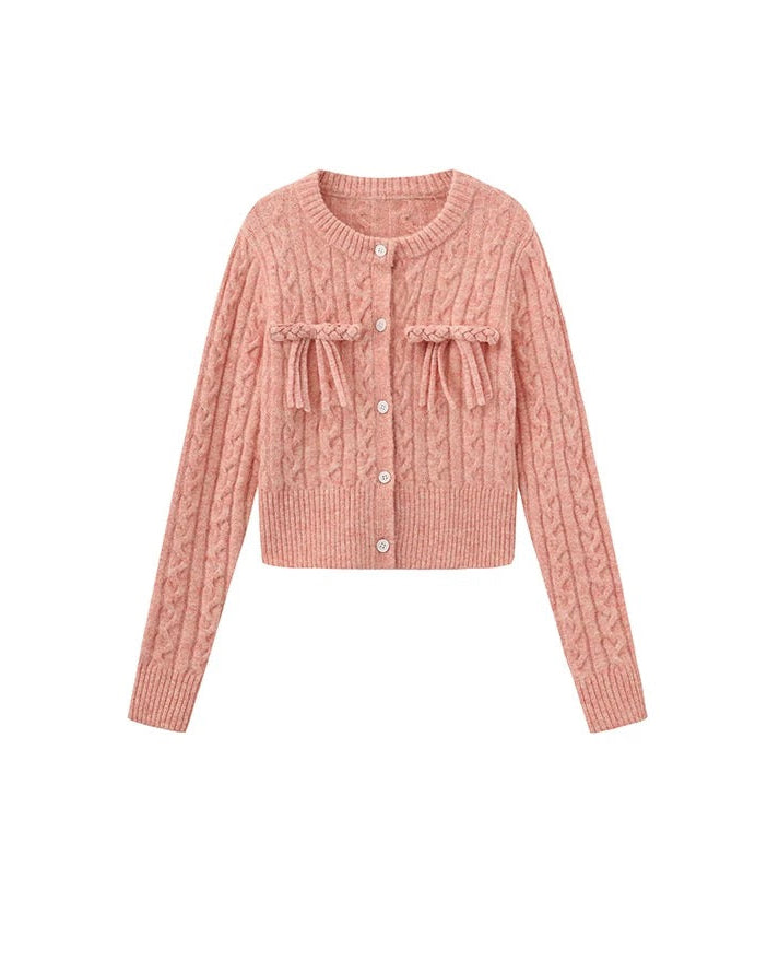 PER PEARL. Original Design Cable Knit Bow Tie Cardigan