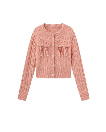 PER PEARL. Original Design Cable Knit Bow Tie Cardigan