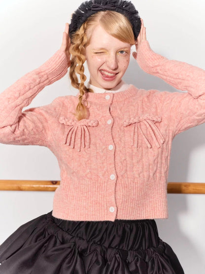 PER PEARL. Original Design Cable Knit Bow Tie Cardigan