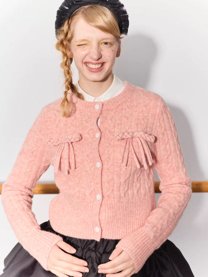 PER PEARL. Original Design Cable Knit Bow Tie Cardigan