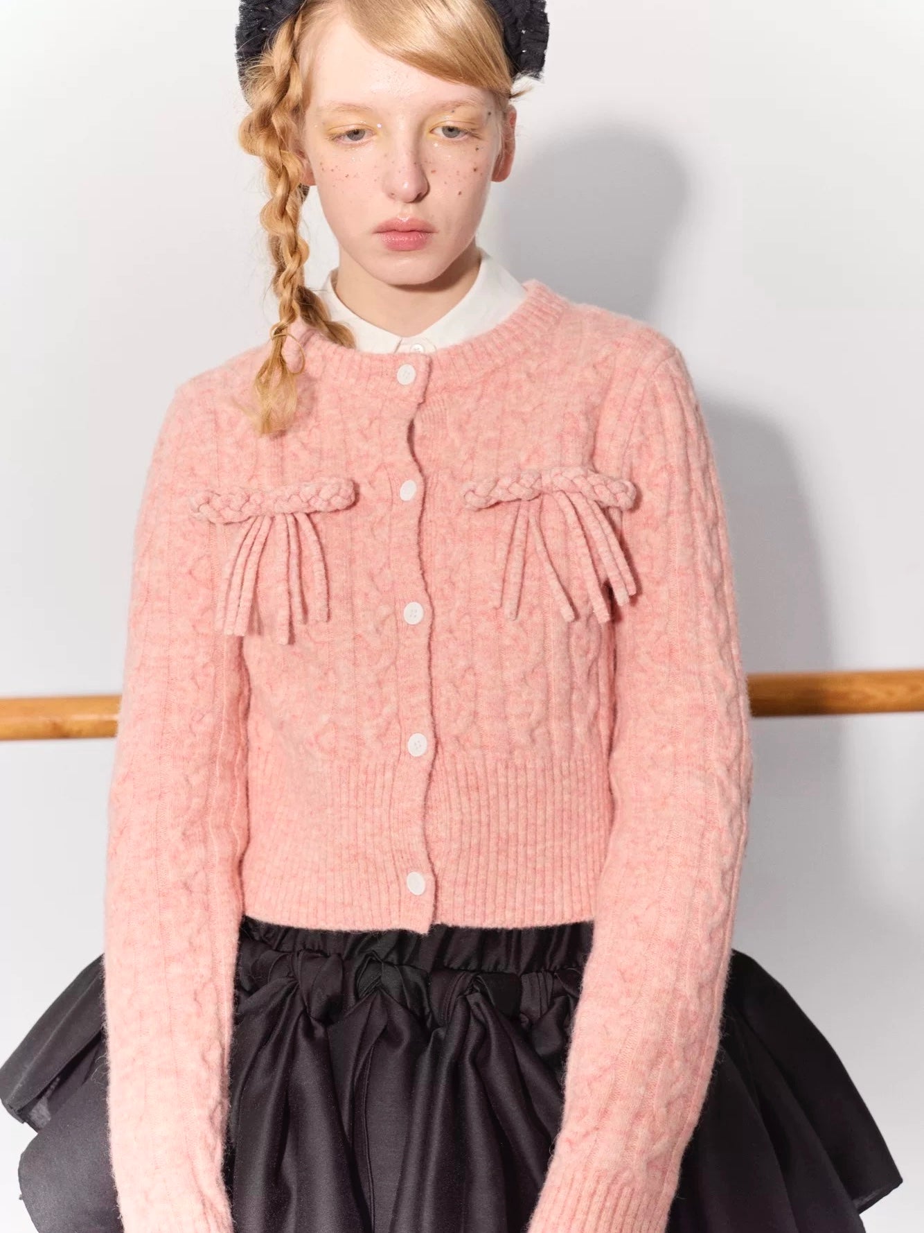 PER PEARL. Original Design Cable Knit Bow Tie Cardigan
