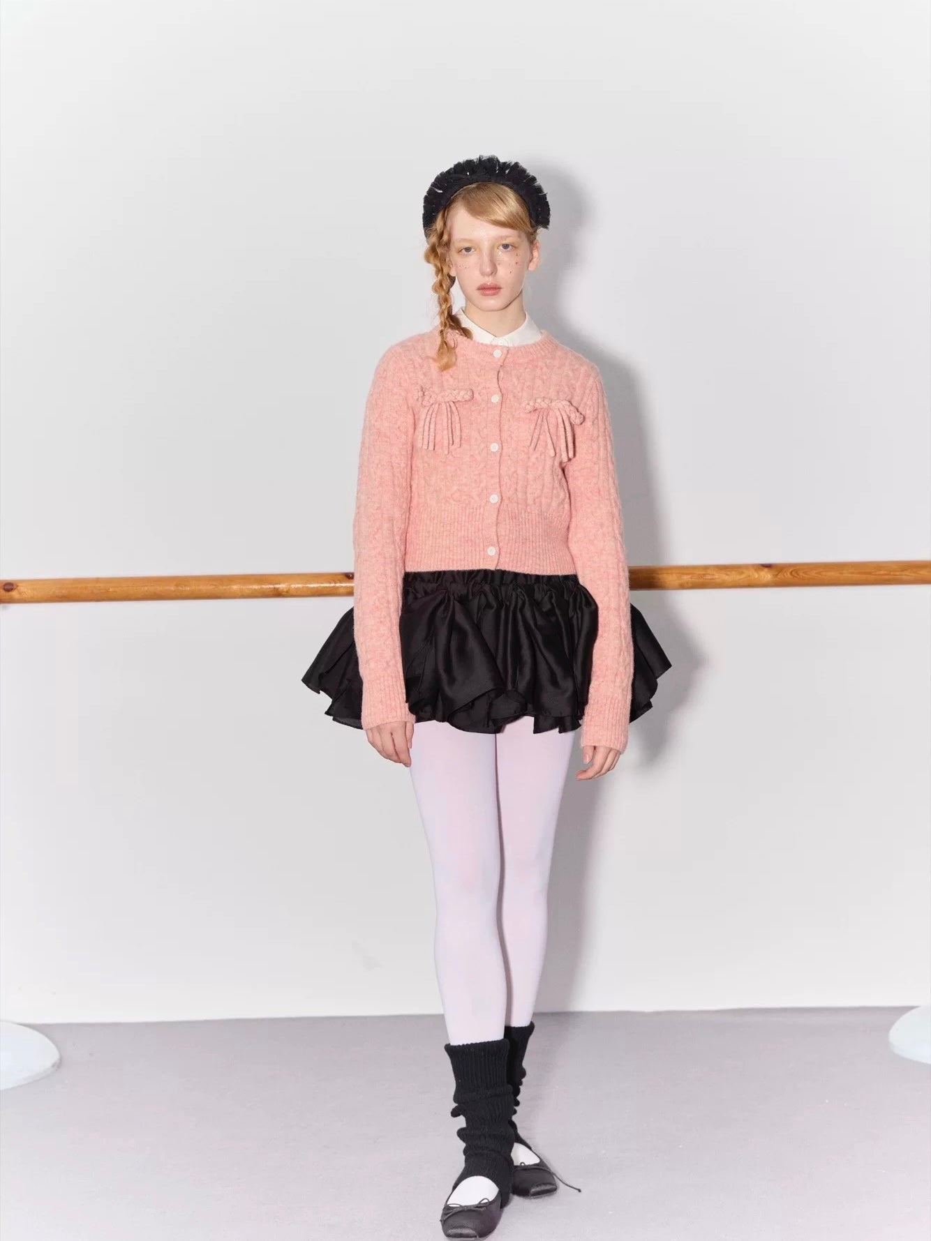 PER PEARL. Original Design Cable Knit Bow Tie Cardigan